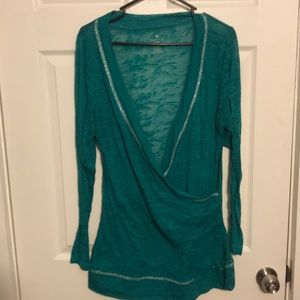 Jade green distressed faux wrap top